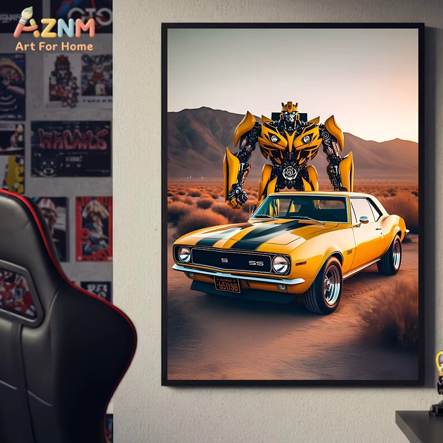 AZNM Transformers Bumblebee Classic Yellow Camaro Muscle Car Poster als rahmenlose Leinwand-Wandkunst mit Roboter-Charakterdruck - Bild 5