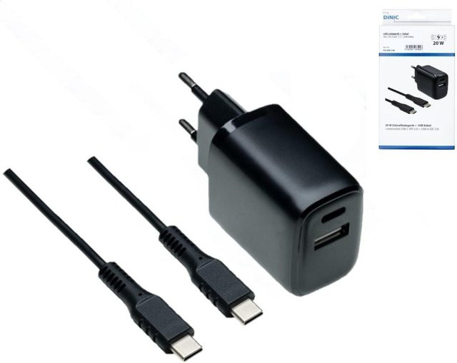 DINIC Ladegerät mit USB-A und USB-C Anschluss, 20 W, inklusive 1,5 m USB-C Ladekabel, Schwarz - Bild 1