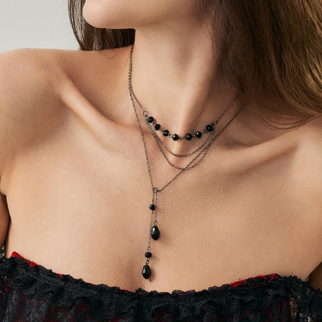 YULIN Halskette, mehrschichtiger Choker, Imitationskristall, Blutstropfen, Quasten, schwarz, Damen - Bild 1