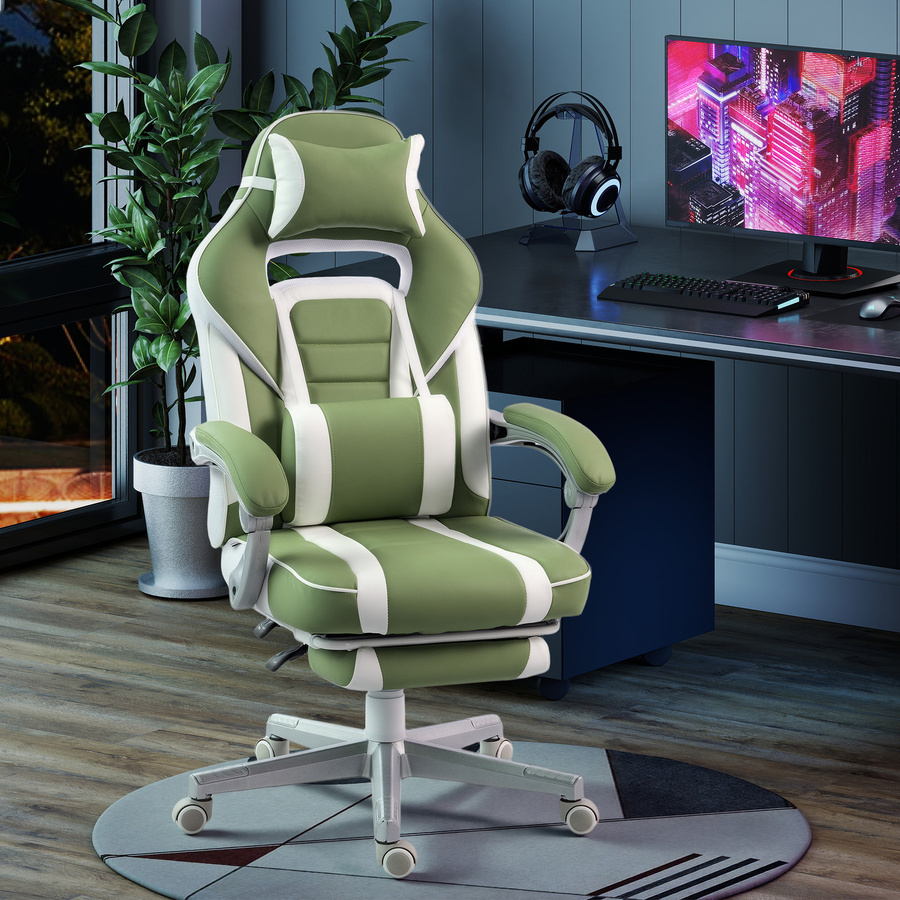 HOMCOM Gaming-Stuhl in Grün und Weiß mit ausziehbarer Fußstütze, Lendenstütze und abnehmbarem Nackenkissen für Büro und Studio - Bild 2