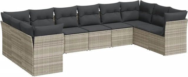 vidaXL 10-tlg. Garten-Sofagarnitur in L-Form aus Polyrattan mit Kissen in Hellgrau - Bild 1