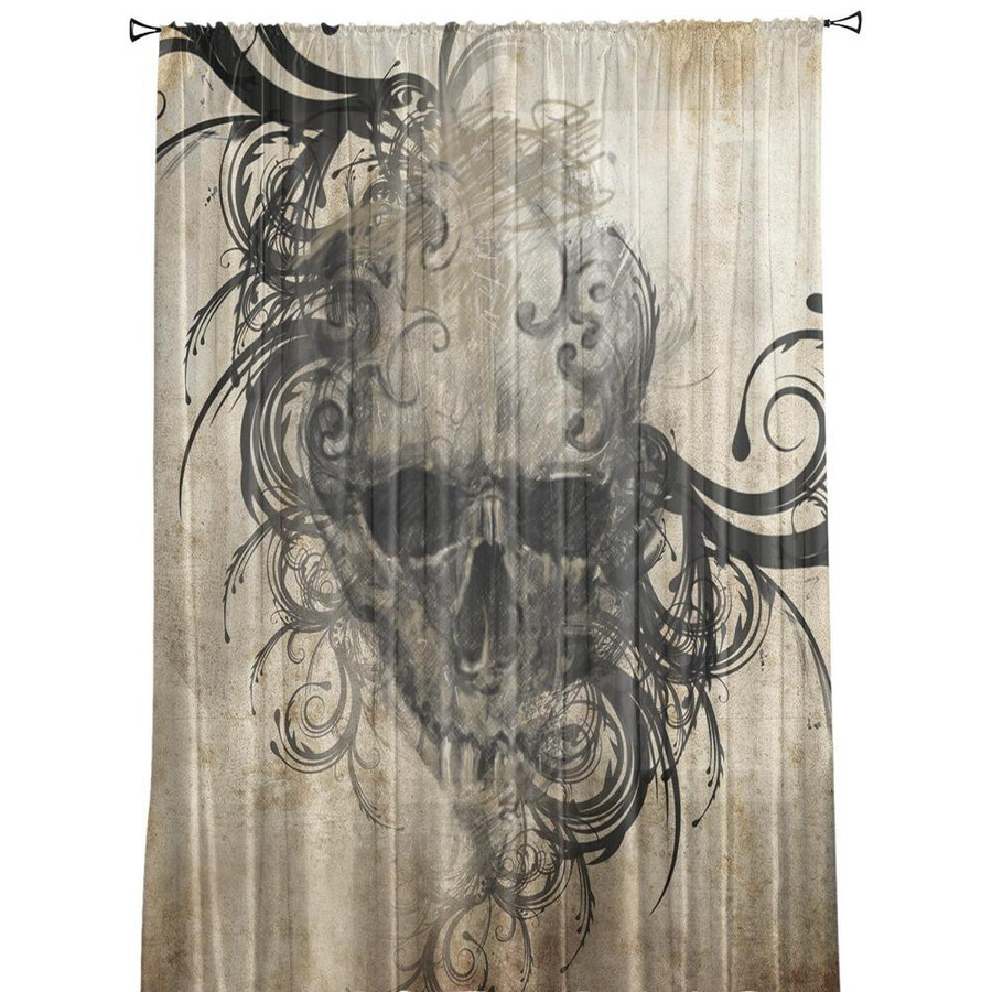 Transparenter Tüll-Vorhang mit Totenkopf-Motiv im Vintage-Stil für Wohnzimmer und Küche, Breite: 135 cm, Höhe: 115 cm - Bild 2