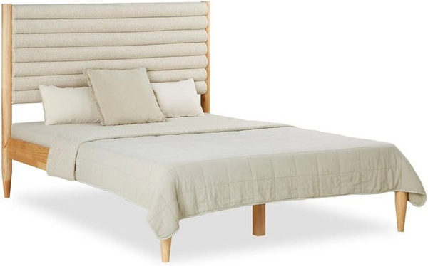Homestyle4u Polsterbett mit Matratze und Lattenrost aus Gummibaumholz in Beige Bouclé, B/T/H: 148 x 140 x 204 cm