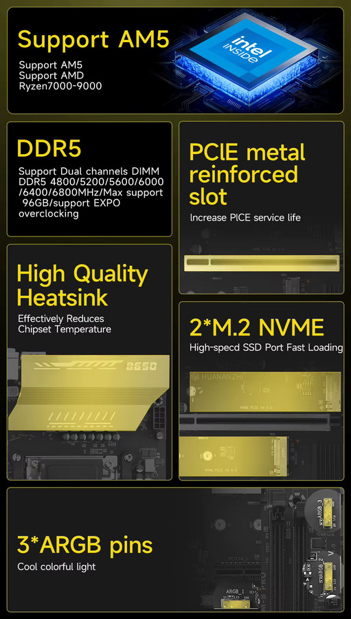 HUANANZHI B650M B PRO Mainboard AM5 für AMD Ryzen 7000 8000 9000 Serie, Micro-ATX, DDR5, M.2 NVMe, WiFi, Schwarz - Bild 4