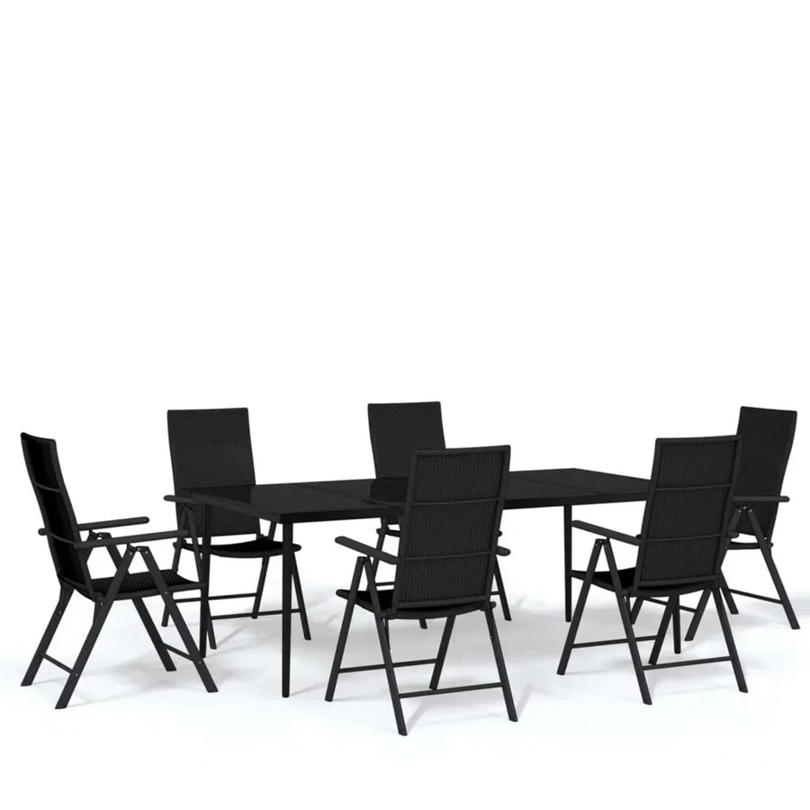 vidaXL 7-teilige Garten-Essgruppe in Schwarz mit Tisch aus gehärtetem Glas und pulverbeschichtetem Stahl für Terrasse und Außenbereich - Bild 2