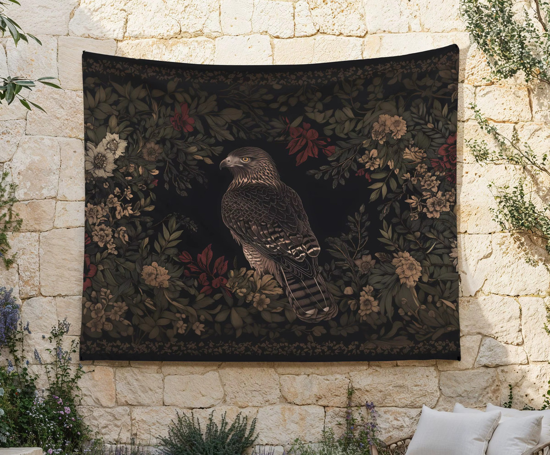 VIKAMA Wandteppich im Retro-Stil mit Adler, Falken und Blumen in Schwarz und Multicolour, Breite: 60 cm, Höhe: 40 cm - Bild 2