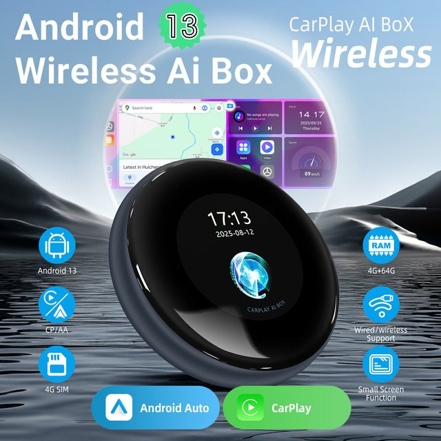 ANYFAR Kabellose CarPlay AI Box mit Android 13 System, 4+64GB, 4G SIM-Karten-Unterstützung und Dual-WLAN, Schwarz - Bild 1