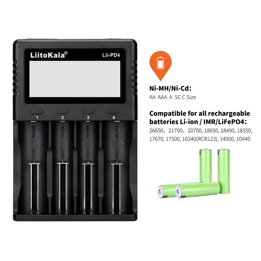 LiitoKala Lii-PD4 Batterieladegerät in Schwarz für 18650 26650 21700 AA AAA Lithium und NiMH Batterien - Bild 2