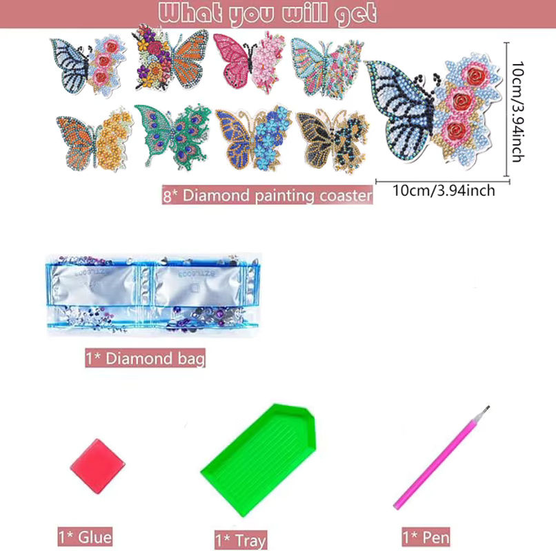 8-teiliges DIY-Diamant-Malerei-Kunstset mit Schmetterlingsmuster und Untersetzern in Multicolor - Bild 2