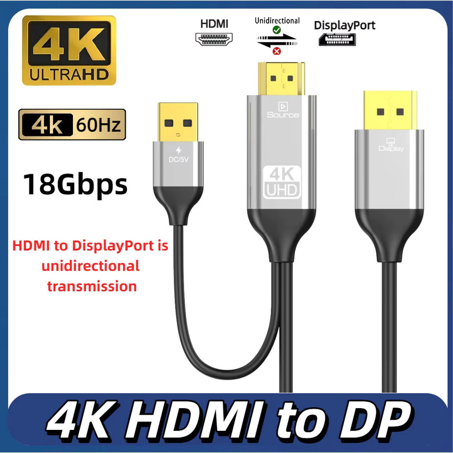 FDBOY HDMI auf DisplayPort Kabel in Schwarz für 4K@60Hz mit USB-Stromversorgung, unidirektionale Übertragung für PS5, PS4, PC, Laptop, Monitor und TV - Bild 6