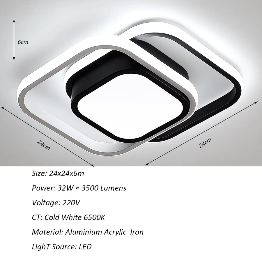 Riserva LED-Deckenleuchte in quadratischem Design, 32 W, 6500 K Kaltweiß, Unterputz-Deckenbeleuchtung aus Aluminium für Schlafzimmer und Küche, Schwarz-Weiß - Bild 3