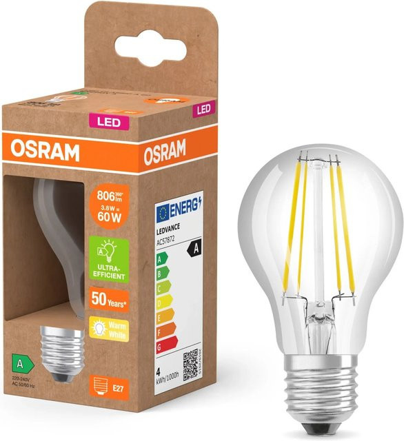 Osram LED Leuchtmittel E27 Glühlampenform A60 in Transparent mit 806 Lumen, 3,8 W und 2700 K Warmweiß im Industrial Look - Bild 1