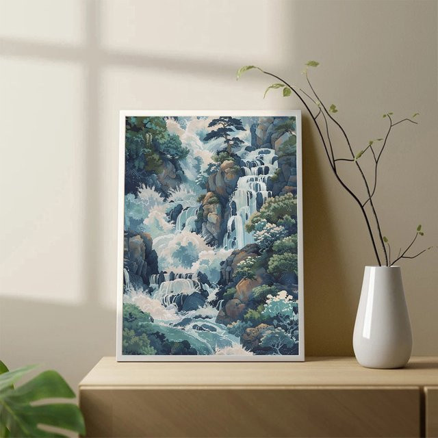 Potdemiel Hokusai Ukiyo-e Leinwand-Poster Japanischer Wasserfall in Blau und Grün, Vintage Asiatische Landschaft Wandkunst für dein Wohnzimmer - Bild 1