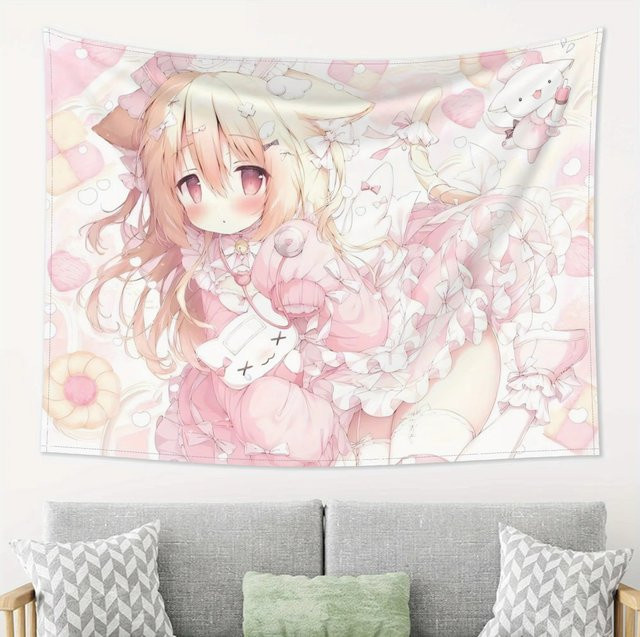VIKAMA Wandteppich Pink Cat Mother Lolita Anime Mädchen Hintergrundstoff zur Raumdekoration, Breite: 60 cm, Höhe: 40 cm - Bild 1