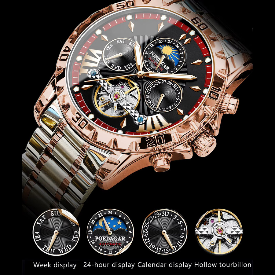 POEDAGAR Armbanduhr Automatik, Edelstahl, Schwarz, Herren - Bild 4