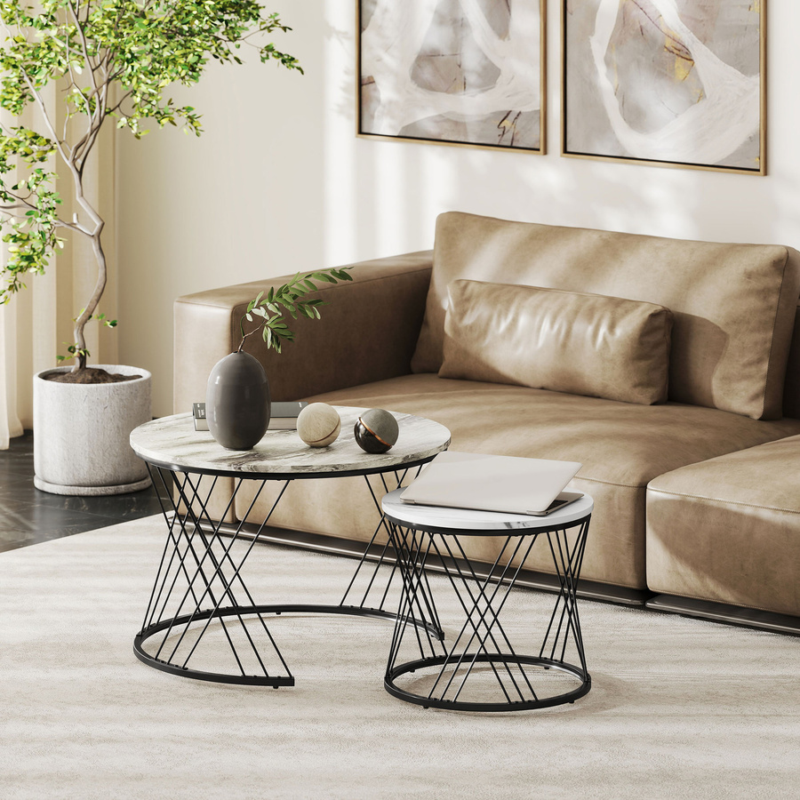HOMCOM Couchtisch 2er Set rund mit Marmoroptik in Grau und Weiß mit Metallrahmen für dein Wohnzimmer oder Schlafzimmer - Bild 2