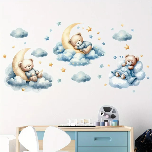 BRUP Wandaufkleber Cartoon Teddybär schlafend auf Wolken für Kinderzimmer und Schlafzimmer - Bild 1