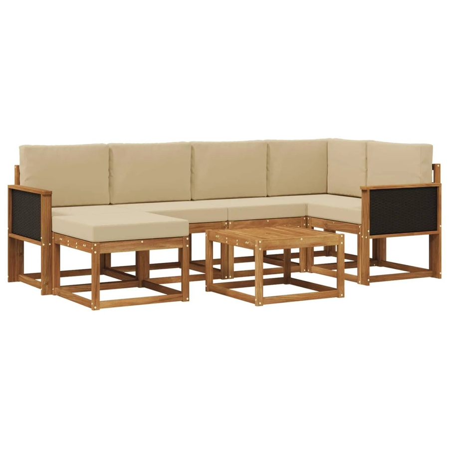 vidaXL Outdoor-Sofagarnitur aus Massivholz Akazie in L-Form mit 7 Teilen, inklusive Polster und Couchtisch, Farbe Natur und Beige - Bild 2