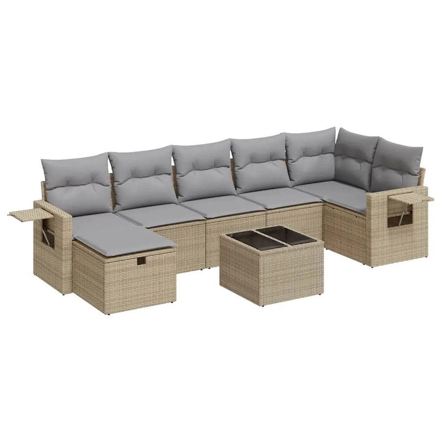 vidaXL 8-tlg. Garten-Sofagarnitur in L-Form mit Kissen und Tisch, Beige, Poly-Rattan und Metall - Bild 2