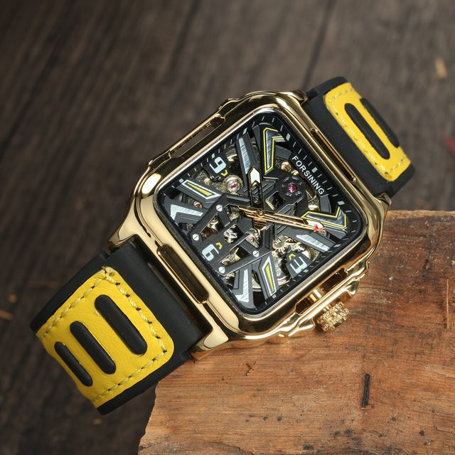 Forsining Armbanduhr, Skelett-Automatik, Eckig, Gold, Leder, Herren - Bild 1