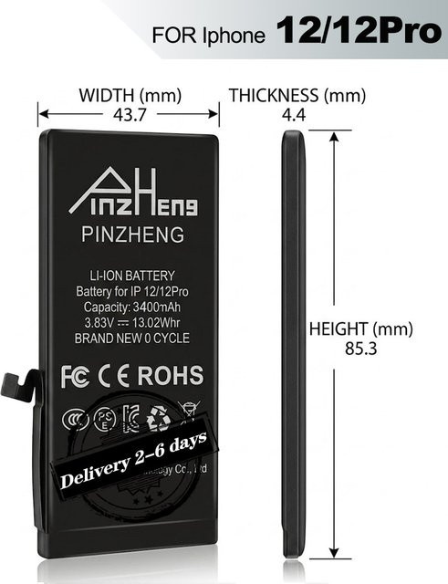 PINZHENG Ersatzakku für iPhone 12 und iPhone 12 Pro in Schwarz - Bild 1
