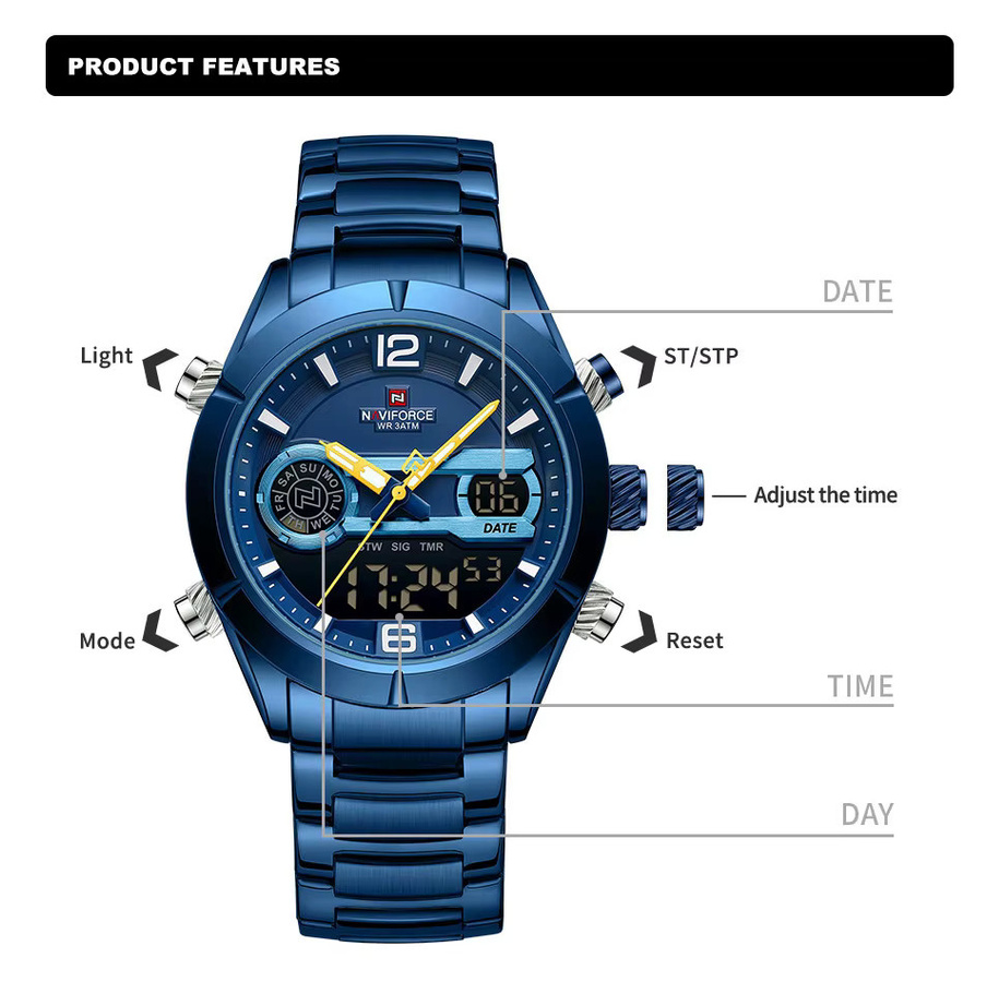 NAVIFORCE Chronograph Herrenuhr, Quarz, Edelstahl, Blau, Analog-Digital - Bild 3