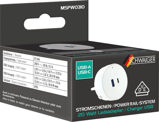 Schwaiger USB-Steckdosenadapter Powerrail für modulare Stromschienen mit 1x USB-C und 1x USB-A in Weiß - Bild 1