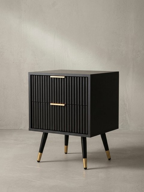Moderner Nachttisch von KADIMA DESIGN in Schwarz und Braun mit Lamellenoptik, B/T/H: 43,5 x 39,0 x 56,0 cm - Bild 1