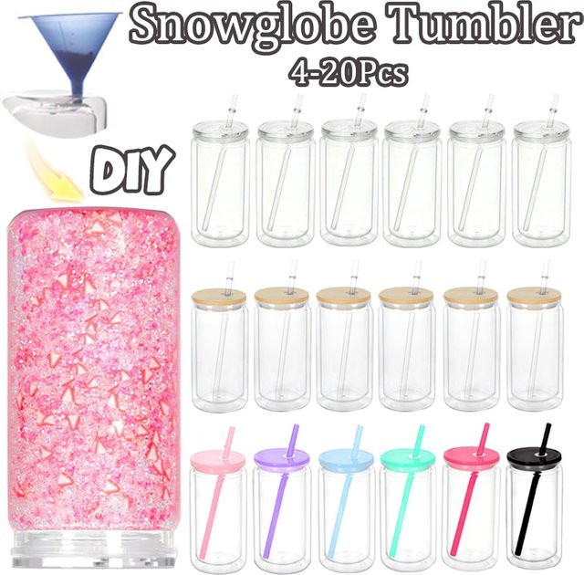 XMSJ Schneekugelbecher aus Kunststoff, doppelwandig und wiederverwendbar, transparent/lila, 16 Unzen, mit vorgebohrtem Loch für DIY-Geschenke - Bild 1