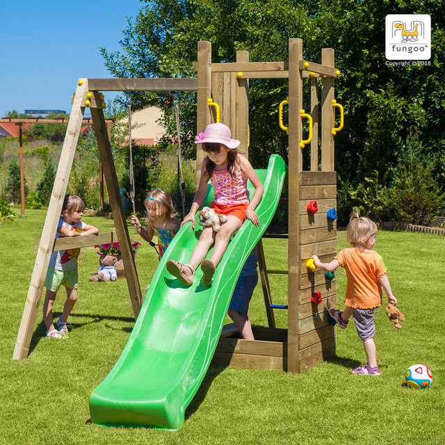 Fungoo Spielturm Funny 3 in Natur mit Schaukel, Rutsche, Sandkasten und Kletterwand - Bild 1