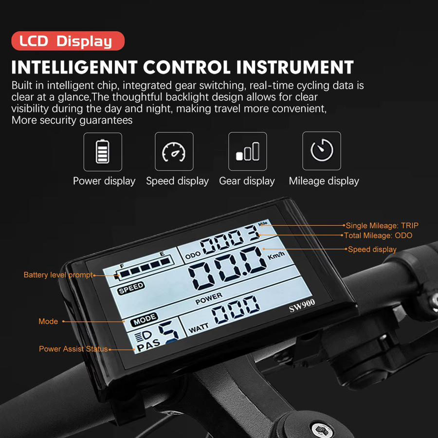 Kunteng SW900 E-Bike LCD-Display Messgerät in Schwarz mit SM/Wasserdichtem Stecker für 24V 36V 48V 52V 60V 72V E-Bike-Umbausätze - Bild 4