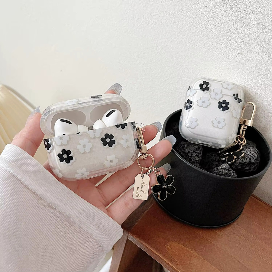 Schwarze Blumen Schutzhülle für Apple AirPods Pro 2 und AirPods 1/2/3 Generation, transparente weiche Hülle mit Schlüsselanhänger - Bild 2