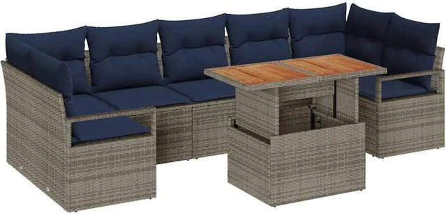 vidaXL Garten-Sofa-Set 8-tlg mit Kissen in Grau und Marineblau aus Poly-Rattan und Stahl - Bild 1