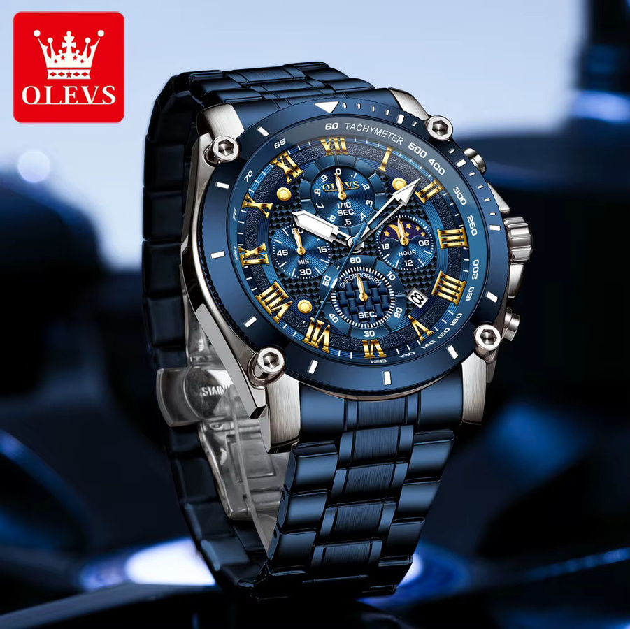 OLEVS Chronograph, Mondphase, Quarz, Edelstahl, Schwarz, Herren - Bild 3