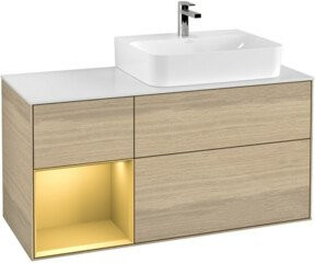 Villeroy & Boch Finion Waschtischunterschrank mit Abdeckplatte und linkem Regal in Oak Veneer und Gold matt, Breite: 120 cm, Tiefe: 50,1 cm, Höhe: 50,1 cm - Bild 1