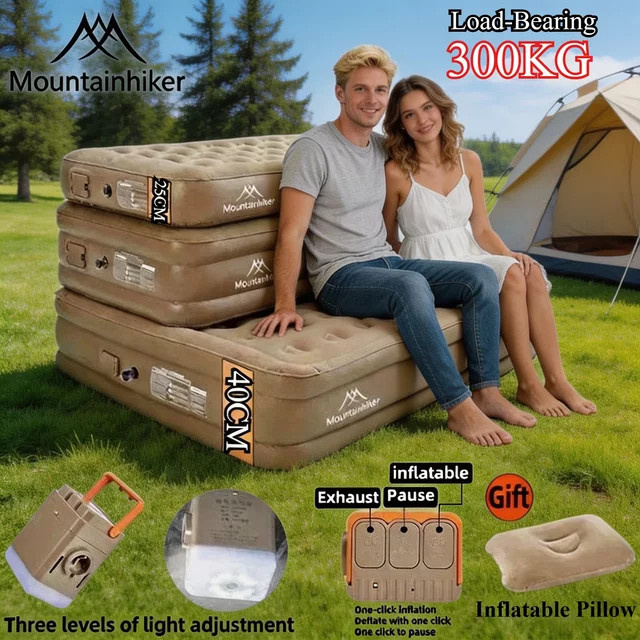 MOUNTAINHIKER Aufblasbares Bett für 1 bis 3 Personen, Beige, Luftmatratze mit eingebauter Pumpe für Glamping und Camping - Bild 1