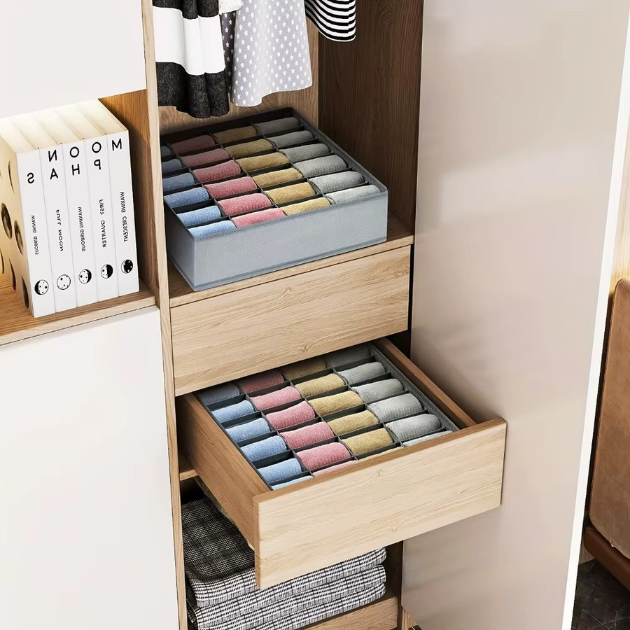 24-teiliger grauer Stoff-Schubladenorganizer aus faltbarem Material mit Trennern für Socken, Unterwäsche und Krawatten, B/T/H: 24 x 30 x 9 cm und 24 x 24 x 9 cm - Bild 3