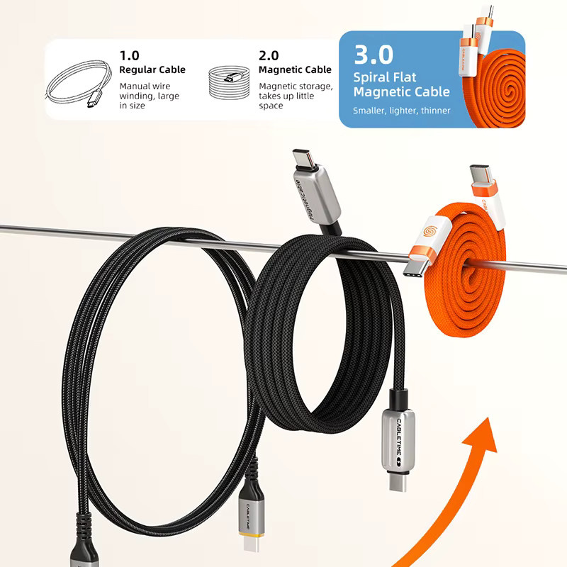 CABLETIME Magnetisches USB-C auf USB-C Flachkabel, 100 W Hochgeschwindigkeits-Transfer mit 480 Mbit/s, Orange - Bild 3