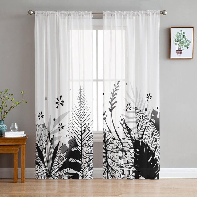 Transparente Tüll Voile Vorhänge mit abstraktem Blätter-Design in Schwarzweiß von Household supplies MH, Breite: 135 cm, Höhe: 215 cm - Bild 1