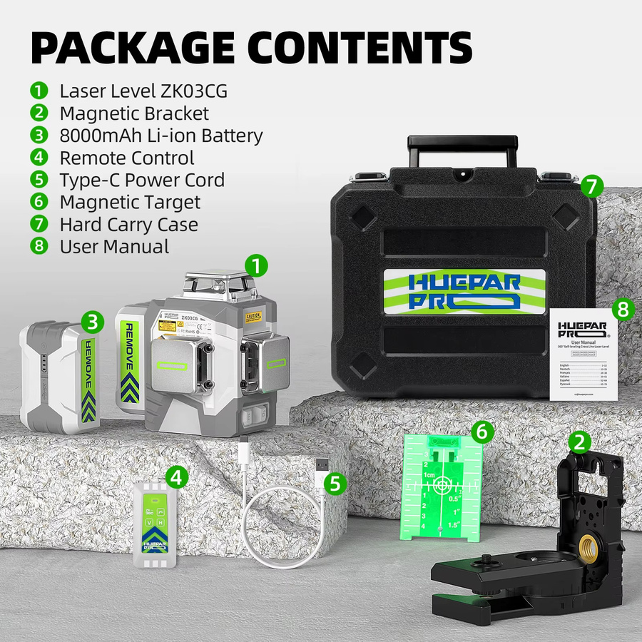 Huepar ZK03CG-L Laser-Wasserwaage mit 12 Kreuzlinien, selbstnivellierend, Genauigkeit ±2 mm/10 m, inklusive 8000 mAh Li-Ionen-Akku und Fernbedienung - Bild 6