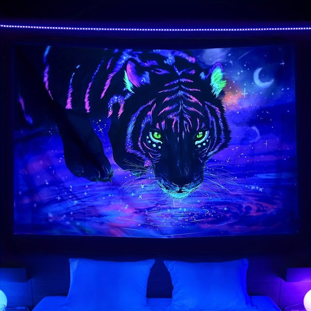 VIKAMA Wandteppich Trinkender Tiger mit Sternenhimmel und Halbmond, Mehrfarbig, Breite: 60 cm, Höhe: 40 cm - Bild 1
