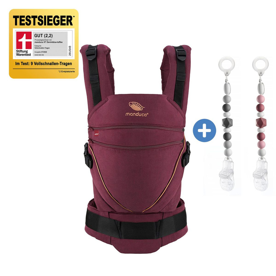 manduca Babytrage XT Denimberry Toffee mit 2 Silikon-Schnullerketten für 3,5 kg bis 20 kg - Bild 1