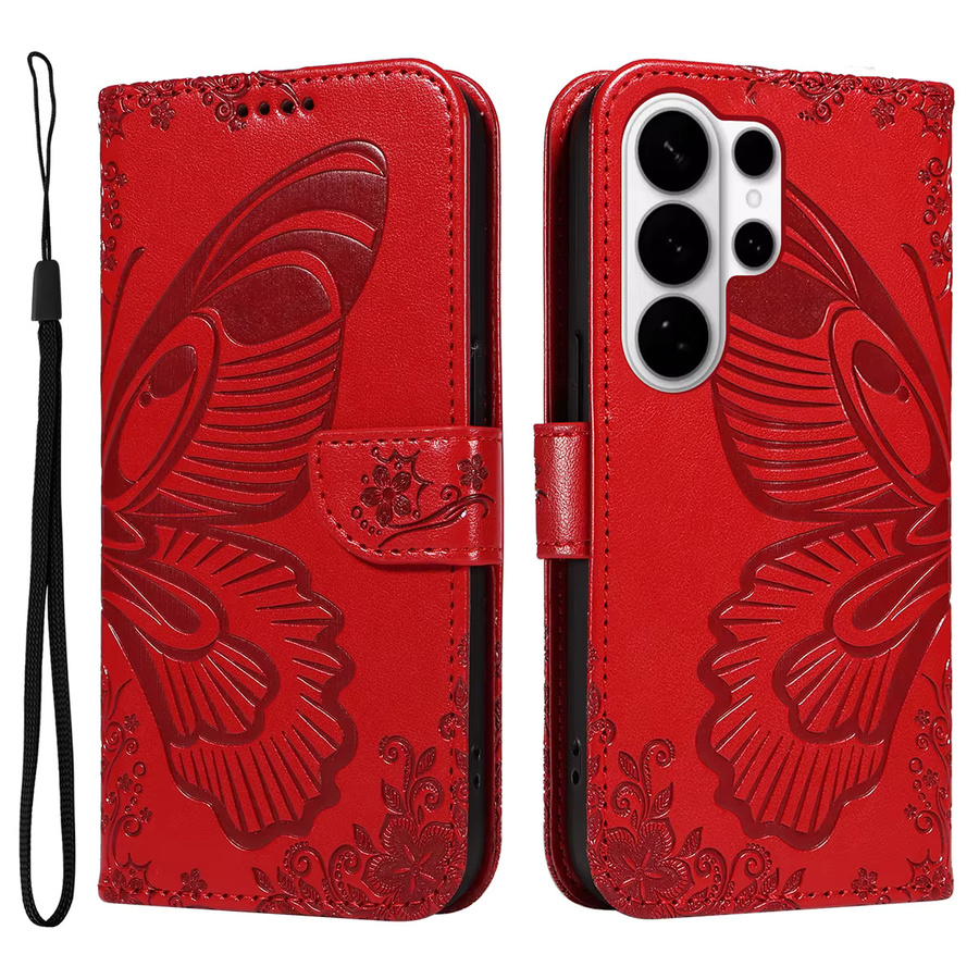 Magnetische Leder-Brieftaschenhülle für Samsung Galaxy S26 Plus, S26 Edge oder S26 Ultra in Rot mit 3D-Schmetterlingsprägung und Ständerfunktion - Bild 5