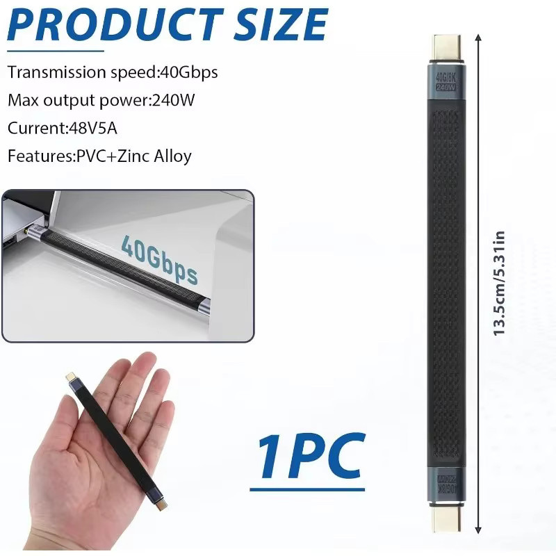 PD240W USB-C-zu-USB-C Schnellladekabel in Schwarz mit 40 Gbit/s Datenübertragung, 8K 60 Hz und Audio/Video-Kompatibilität, Länge: 13 cm - Bild 5