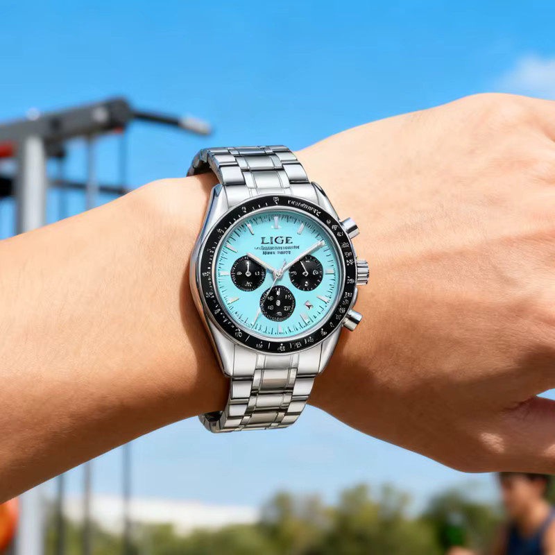 LIGE Armbanduhr Chronograph, Quarz, Edelstahl, Blau, Herren - Bild 6