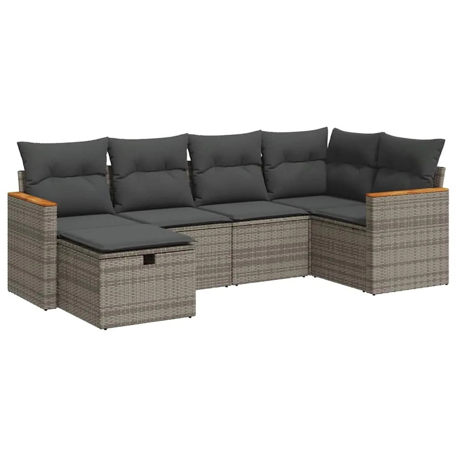 vidaXL 6-tlg. Garten-Sofagarnitur aus Poly-Rattan in Grau mit Kissen und Ottoman für Terrasse und Garten - Bild 2