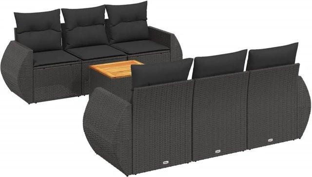 vidaXL 7-teilige Garten-Sofagarnitur aus Poly-Rattan und Akazienholz in Schwarz mit Kissen - Bild 1