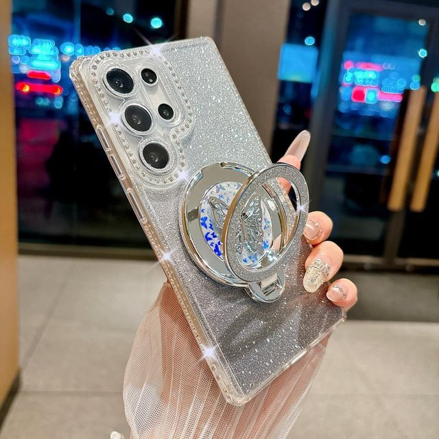 Glitzer Diamant Schmetterling Handyhülle mit Ständer für Samsung Galaxy S26 S2 Ultra S24 S23 S22 Plus S24 FE A16 A36 in Farbverlauf Silber Multicolour - Bild 1