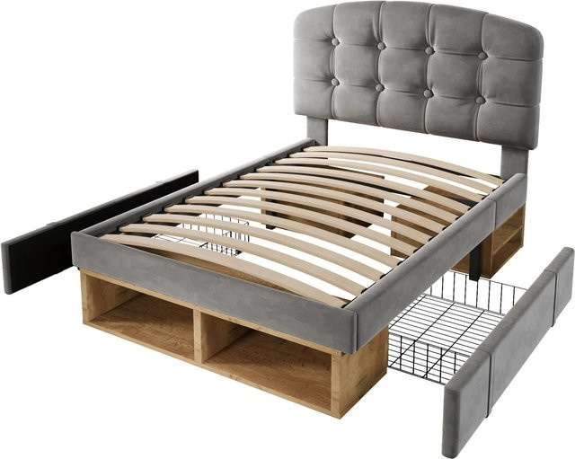 okwish Polsterbett mit Schubladen aus Samt in Grau, B/T/H: 90 x 200 x 101 cm - Bild 1