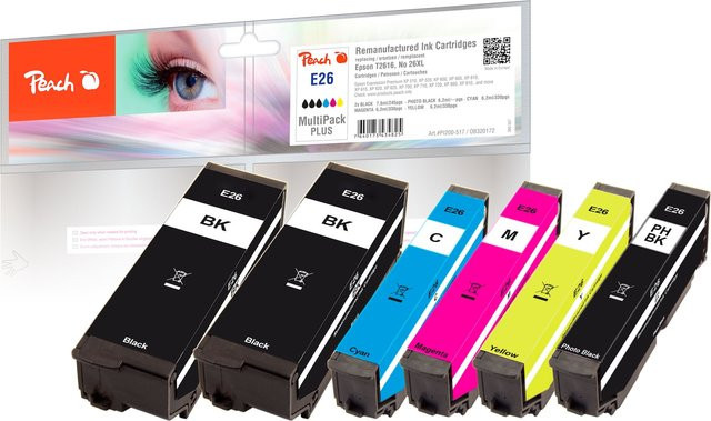 Peach E26 Druckerpatronen Set für Epson No. 26, 6er Pack (2x Schwarz, Cyan, Magenta, Gelb), wiederaufbereitet, passend für Epson Expression Premium XP-510 - Bild 1
